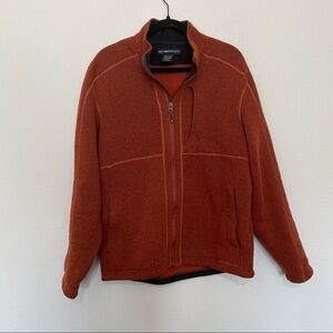 Exofficio orange sweater jacket mens full zip sz.M small flaw near bottom hem
